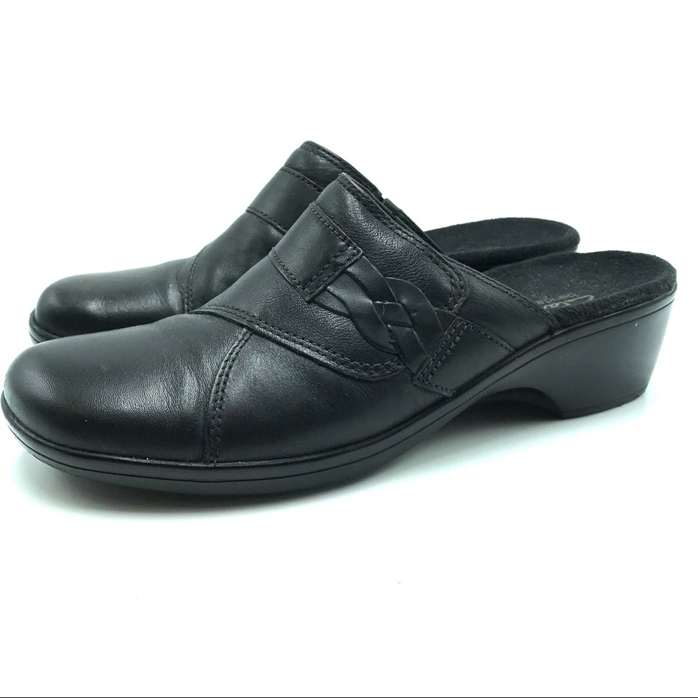 Clarks Black Mules, Size 7.5”, Heel Height 2”,EUC